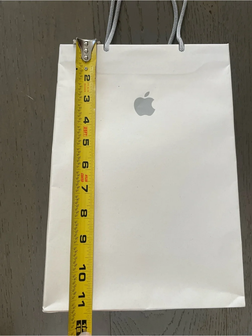 Apple White Paper Shopping Bag with Silver Logo, grey handles